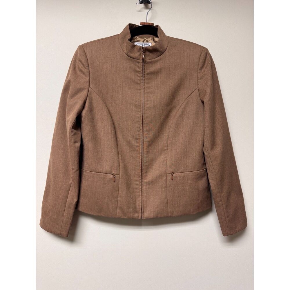 VTG - PENDLETON 100% Virgin Wool Tan Essential Zip Front Mock Neck Blazer, Sz 6